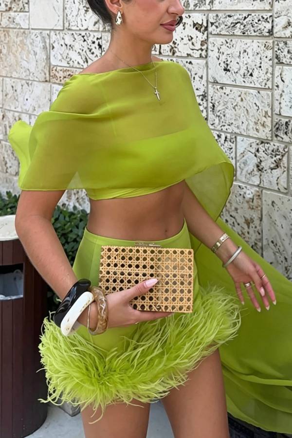 Mia Chiffon High Low Hem Cape Top and Satin Mid Rise Feather Trim Mini Skirt Set