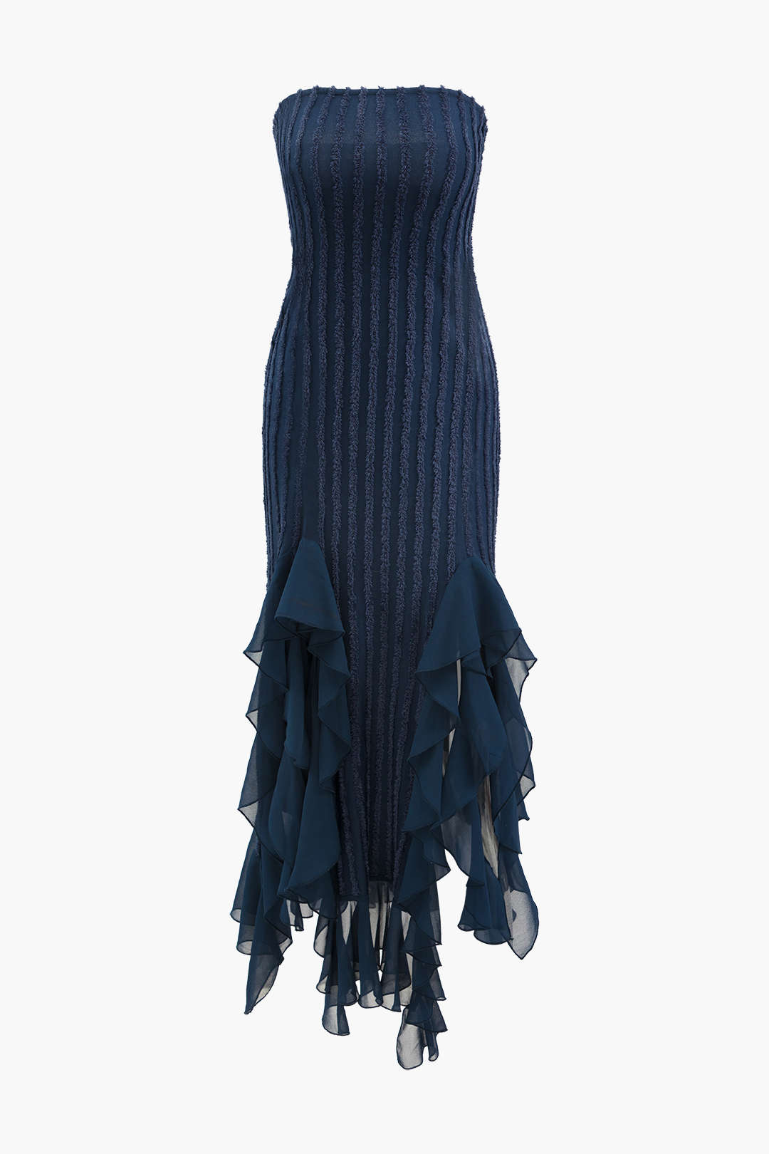 Robe longue bustier à volants et détails effilochés 