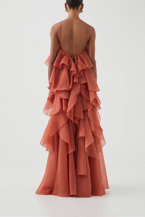 Free - Flowing Rose Detail Tiered Ruffles Halter A-line Maxi Dress