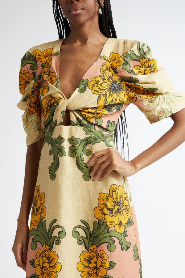Flower Vine Linen Blend Unique Print Twist Cutout Neck Puff Sleeve Midi Dress