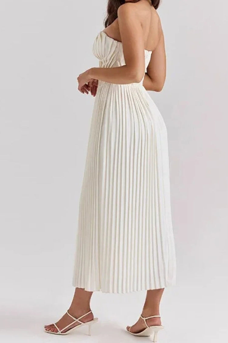 Strapless Cinch Waist Pleated Maxi Dresses