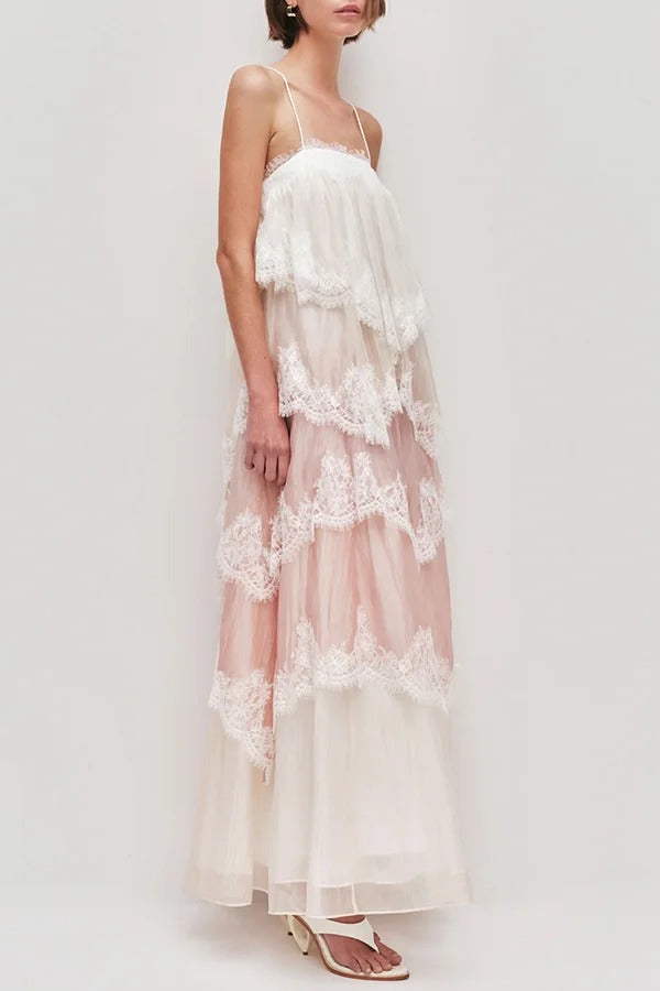 Caroline Gradient Layered Lace Trim Tiers Adjustable Straps Backless A-line Maxi Dress