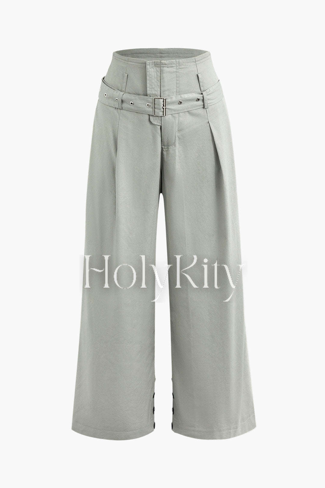 Pantalon large taille haute plissé avec ceinture en mélange de lin 
