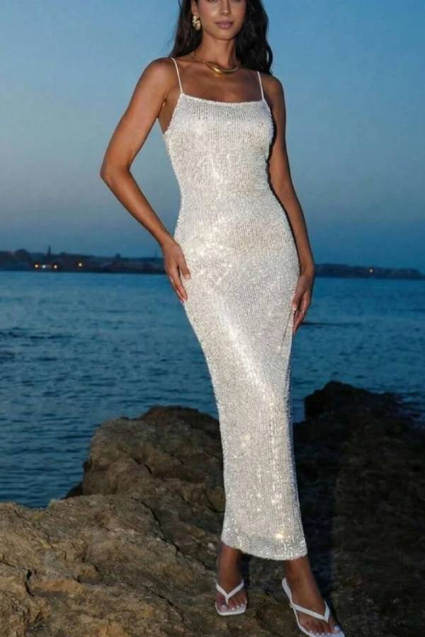 Sparkling Sequin Spaghetti Strap Scoop Neck Slim Fit Maxi Slip Dress