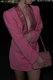 DEEP V NECK RHINESTONE DOUBLE BREASTED LONG SLEEVE BLAZER MINI DRESSES