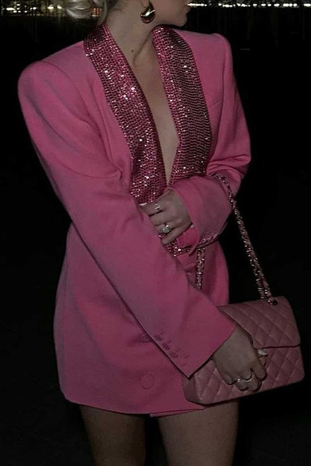 DEEP V NECK RHINESTONE DOUBLE BREASTED LONG SLEEVE BLAZER MINI DRESSES