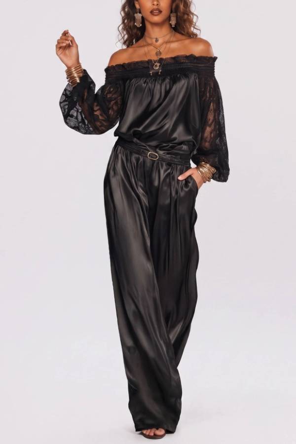 Elegant Satin Shoulder Lace Stitching Sleeve Top Wide Leg Pants Set
