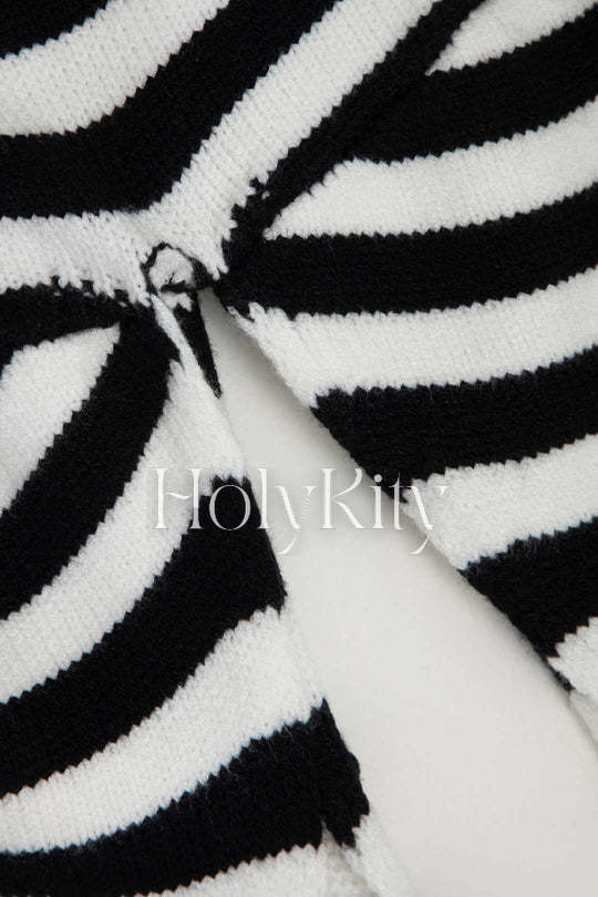 Stripe V-neck Cross Back Knit Midi Dress