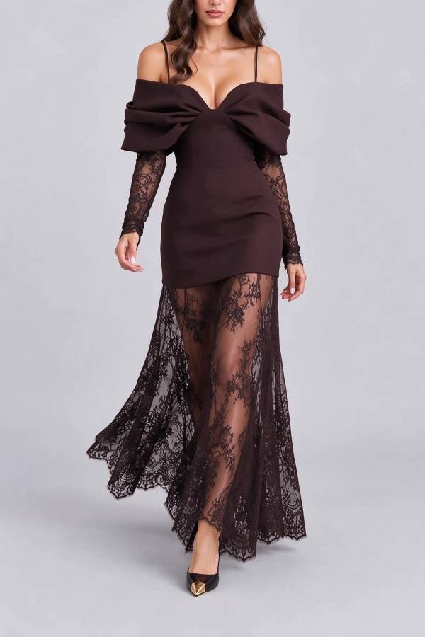 Women Black Cold Shoulder Bow Mini Dress and Sheer Lace Maxi Skirt Two Piece Set