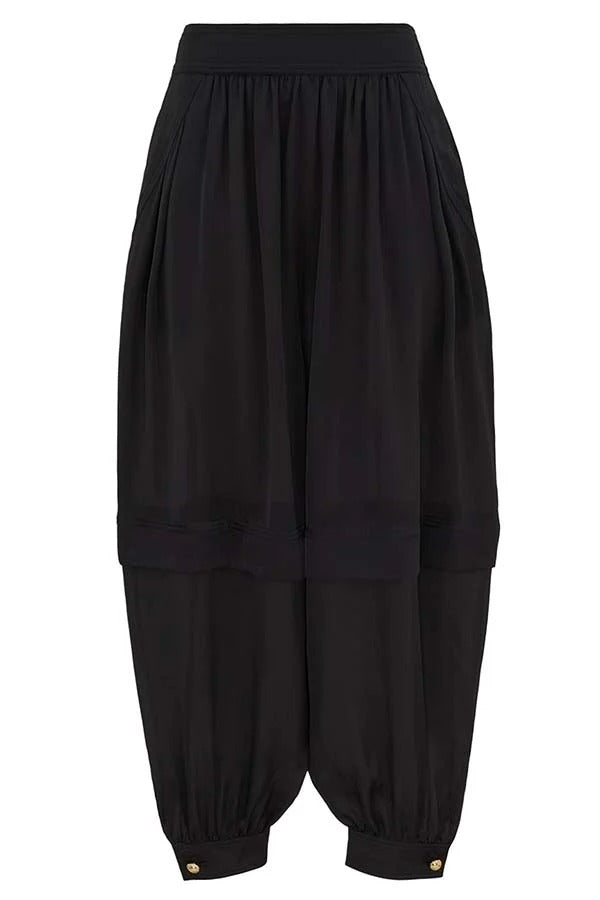 Esella Satin Gathered Waist Pocket Button Ankle Cuffs Harem Pant