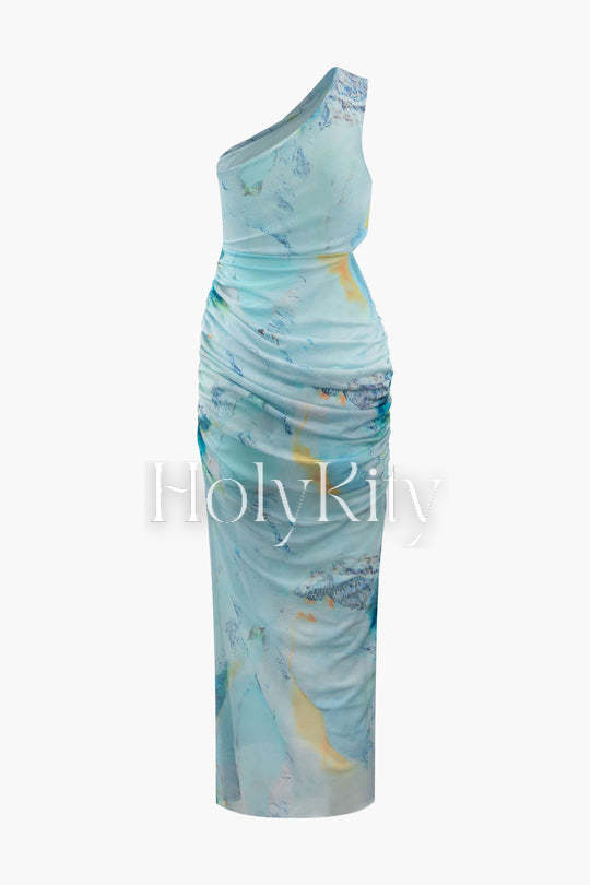 Bedrucktes, gerüschtes One-Shoulder-Midikleid aus Netzstoff 