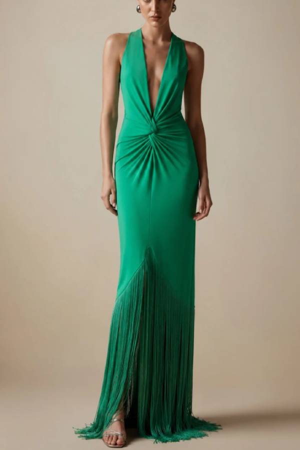 Elegant green deep-V-neck halter maxi dress with fringe