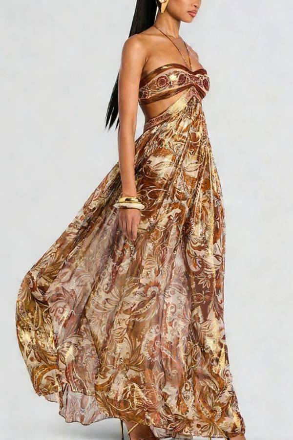 Bohemian Flair Chiffon Golden Paisley Print Cutout Halter Maxi Dress