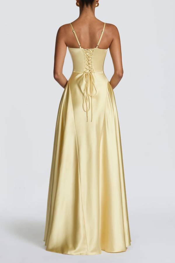 Asterin Satin V-neck Back Lace-up Slip Flare Maxi Dress