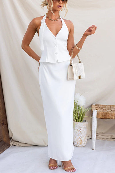Julien Button Up Adjustable Halter Tank and High Rise Pencil Slit Maxi Skirt Set