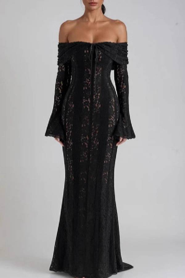 Off‑Shoulder Lace Flare Sleeve Mermaid Evening Gown