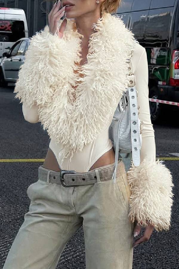 Fur Trim Deep V Slim Bodysuit