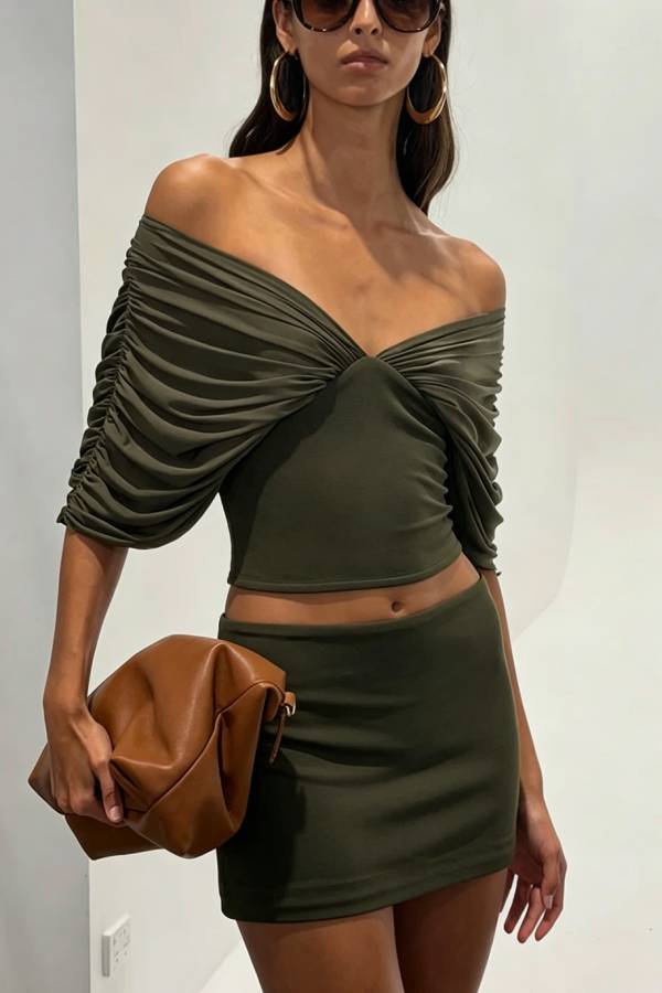 Sienna Olive Ruched Off-The-Shoulder 2-Piece Matching Set