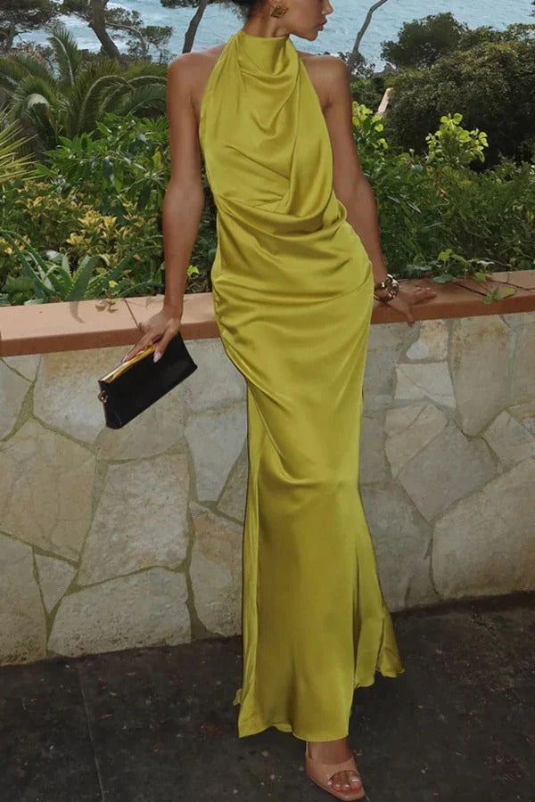 Elegant and Refined Satin Halter Draped Neck Backless Maxi Dress