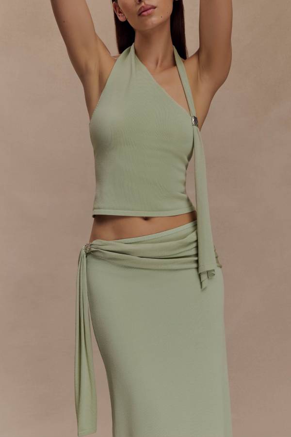 Mint Whisper One-Shoulder Halter Maxi Dress Set