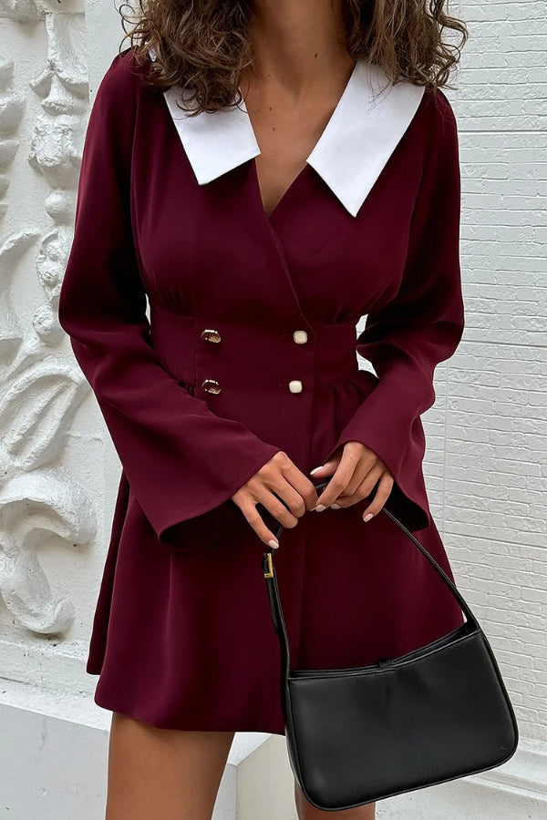Color Block Cinch Waist Turndown Collar Mini Dresses-Burgundy[Pre Order]