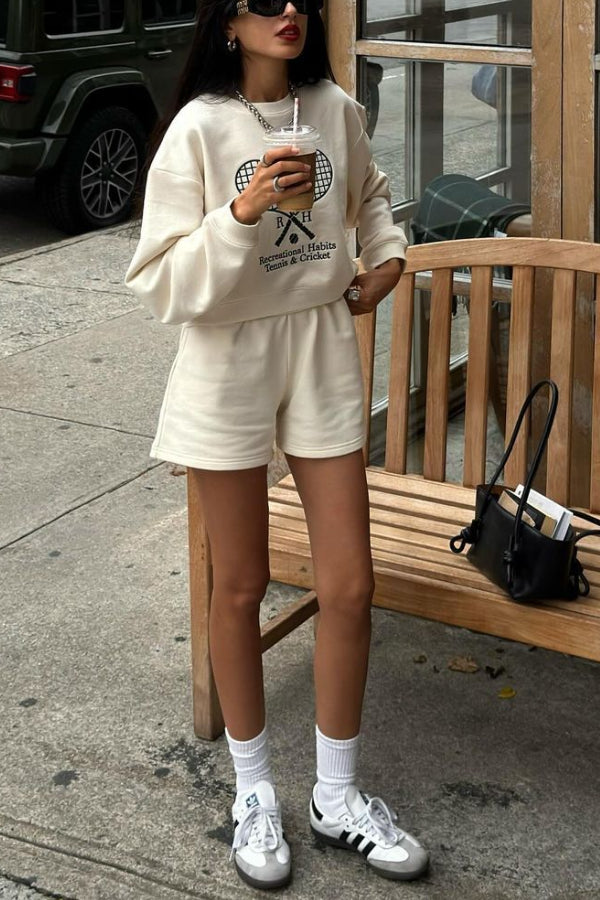 Vintage Casual Embroidered Sweatshirt And Sports High-waisted Shorts Set