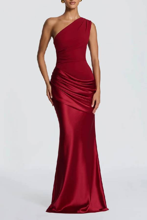 One Shoulder Ruched Satin Mermaid Maxi Gown