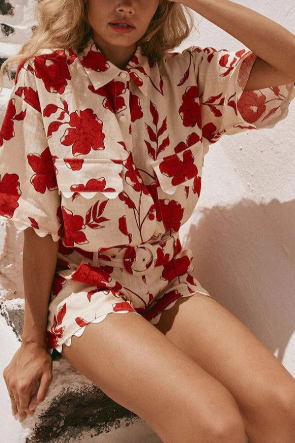 Fashionable and versatile lace print, stylish and casual Shorts Set