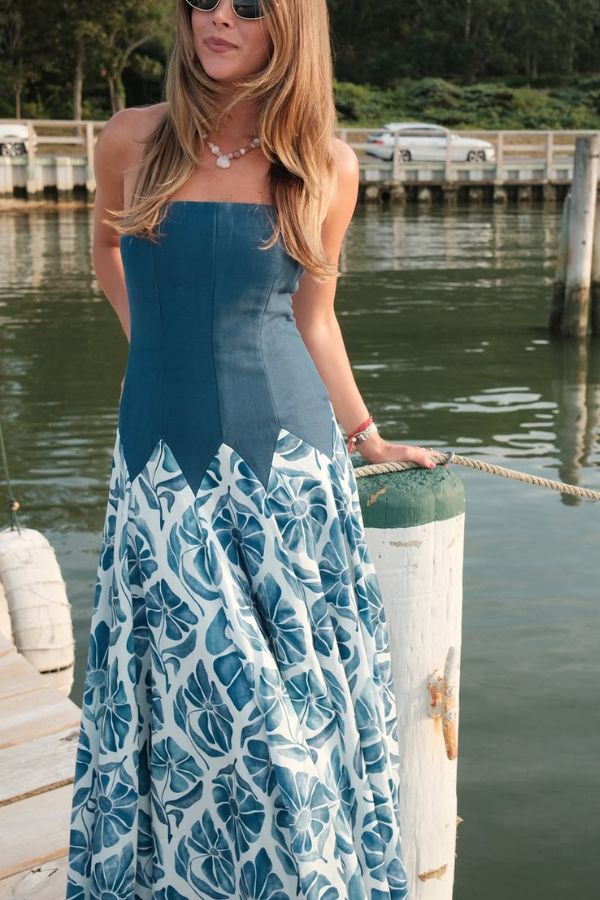 Dottie Colorblock Floral Print Drop Waist Gathered Strapless Maxi Dress