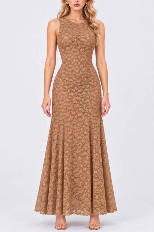 Sleeveless Crew Neck Lace Column Maxi Dress in Tan