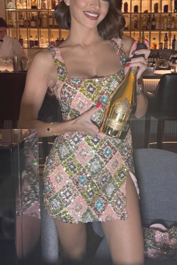 Square Neck Sleeveless Sequin Floral Print Side Slit Bodycon Mini Dress