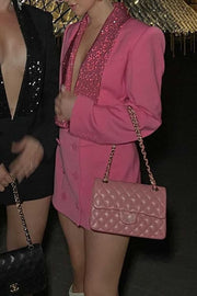DEEP V NECK RHINESTONE DOUBLE BREASTED LONG SLEEVE BLAZER MINI DRESSES