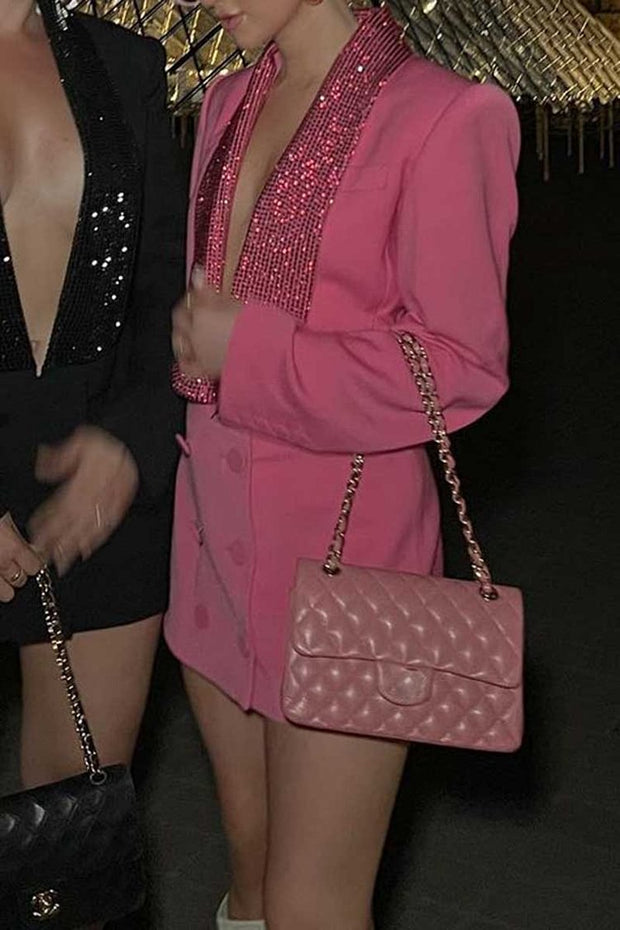 DEEP V NECK RHINESTONE DOUBLE BREASTED LONG SLEEVE BLAZER MINI DRESSES