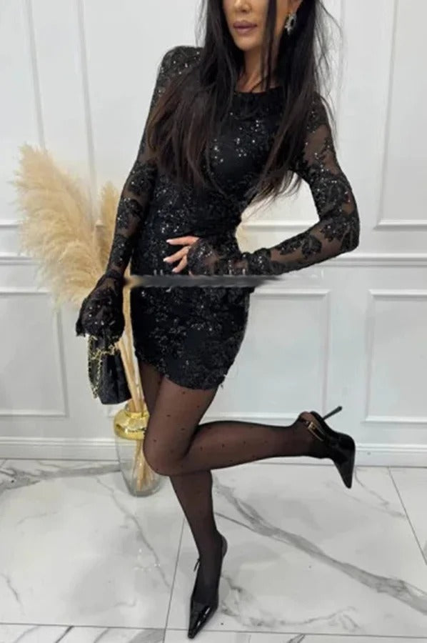 Deep and Dazzling Floral Texture Sequin Long Bell Sleeve Open Back Mini Dress
