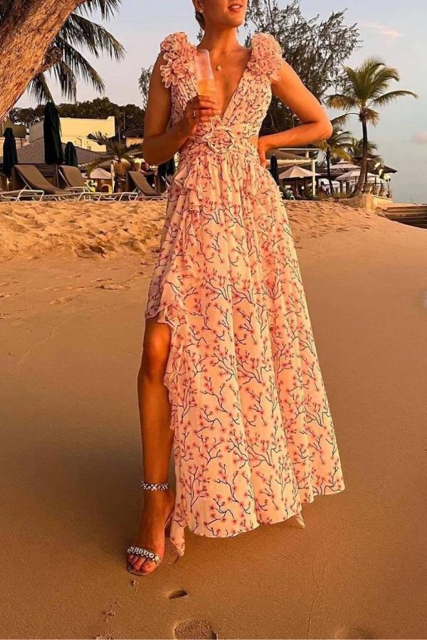 Deep V-neck Floral Hollow Maxi Dress