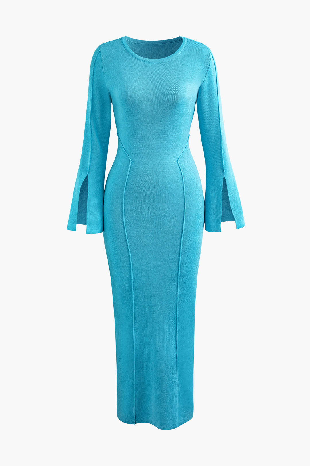 Robe longue à col rond et manches cloche avec coutures apparentes 