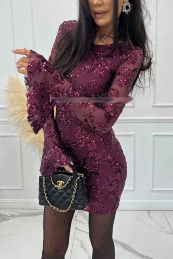 Deep and Dazzling Floral Texture Sequin Long Bell Sleeve Open Back Mini Dress