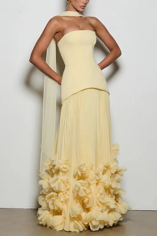 Serafina Strapless Back Lace-up Handcrafted Floral Appliqués Pleated Hem Gown Maxi Dress