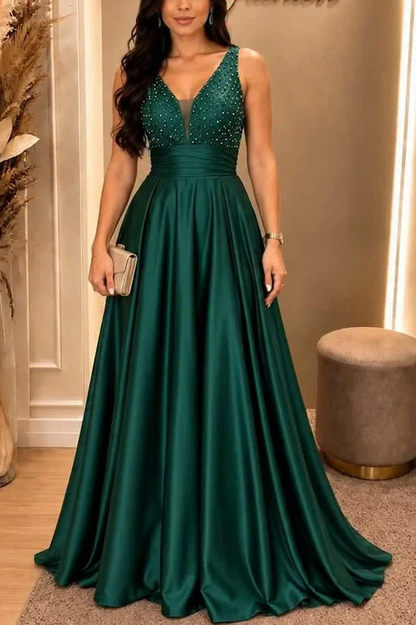 Grand Ball Satin Beadwork Details V-neck Pleated Hem Gown Maxi Dress