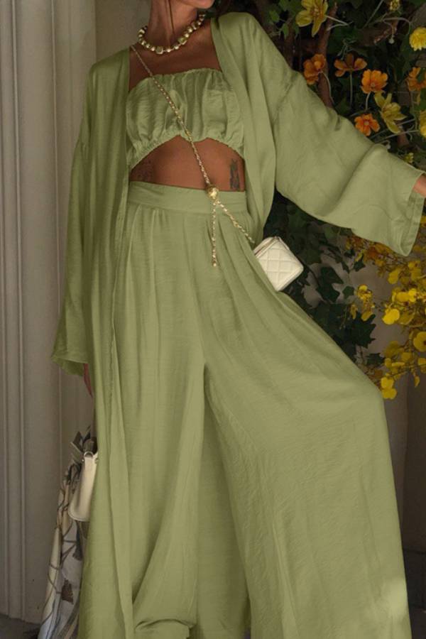 Sage Green Tube Top Cardigan Wide Leg Pants Three-Piece Set