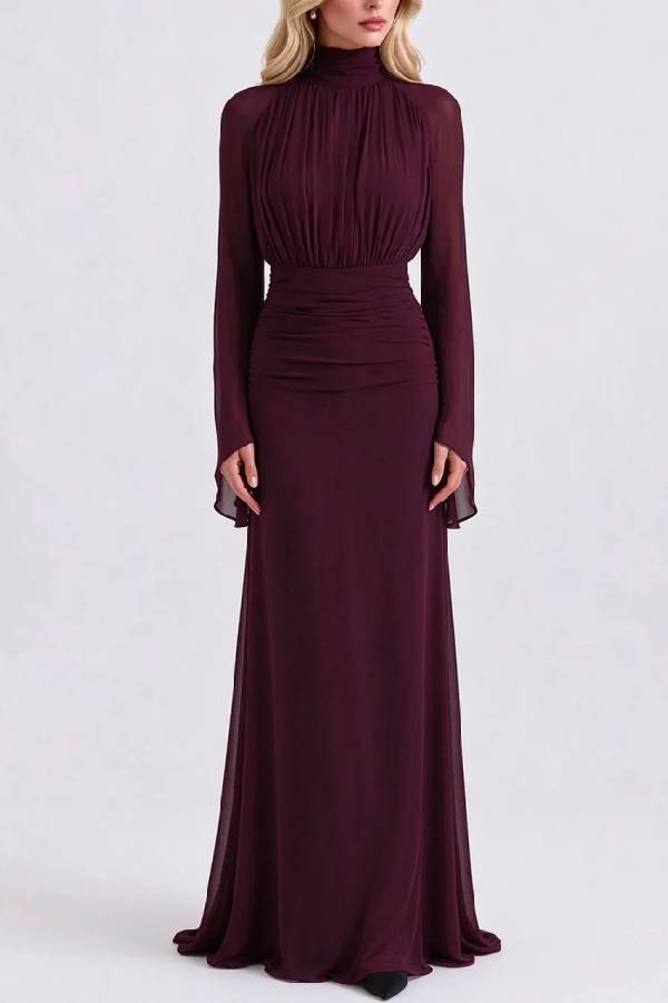 High Neck Pleated Bodice Flared Sleeve Ruched Maxi Evening Dress