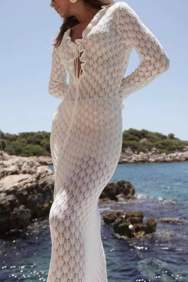 White Crochet Hollow Ruffle Tie Long Sleeve Beach Cover Up Maxi Dress