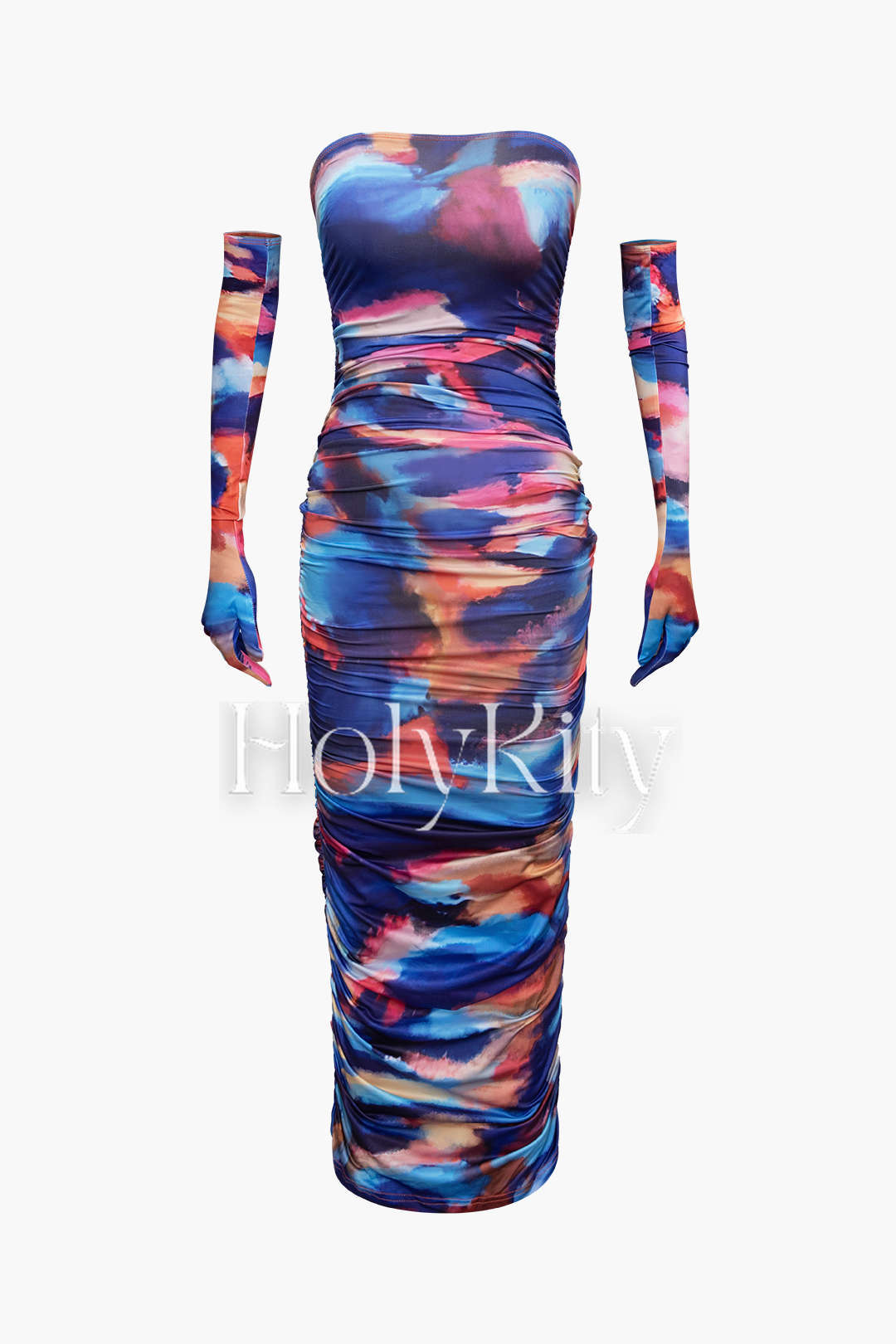 Tie Dye Strapless Ruched Maxi Dress With Gloves