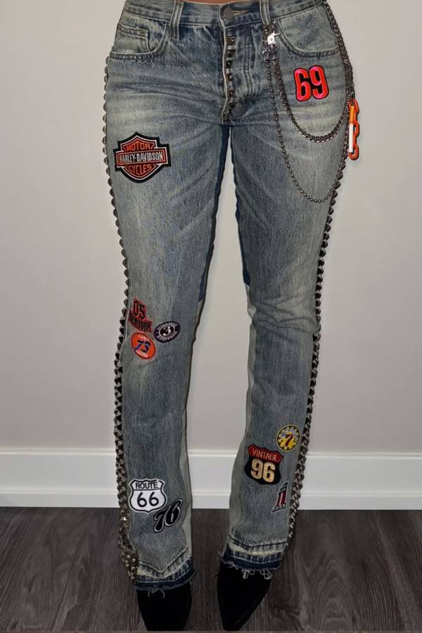Riveted and Patchwork Flared Jeans