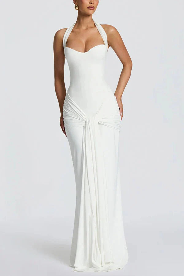 Gia Jersey Sweetheart Neck Detachable Mesh Halter Strap Draped Hem Maxi Dress