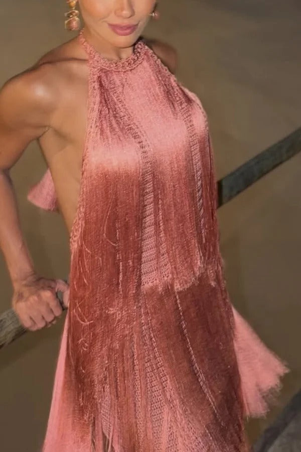 Vacation Icon Layered Tassels Halter Tie-up Open Back Maxi Dress