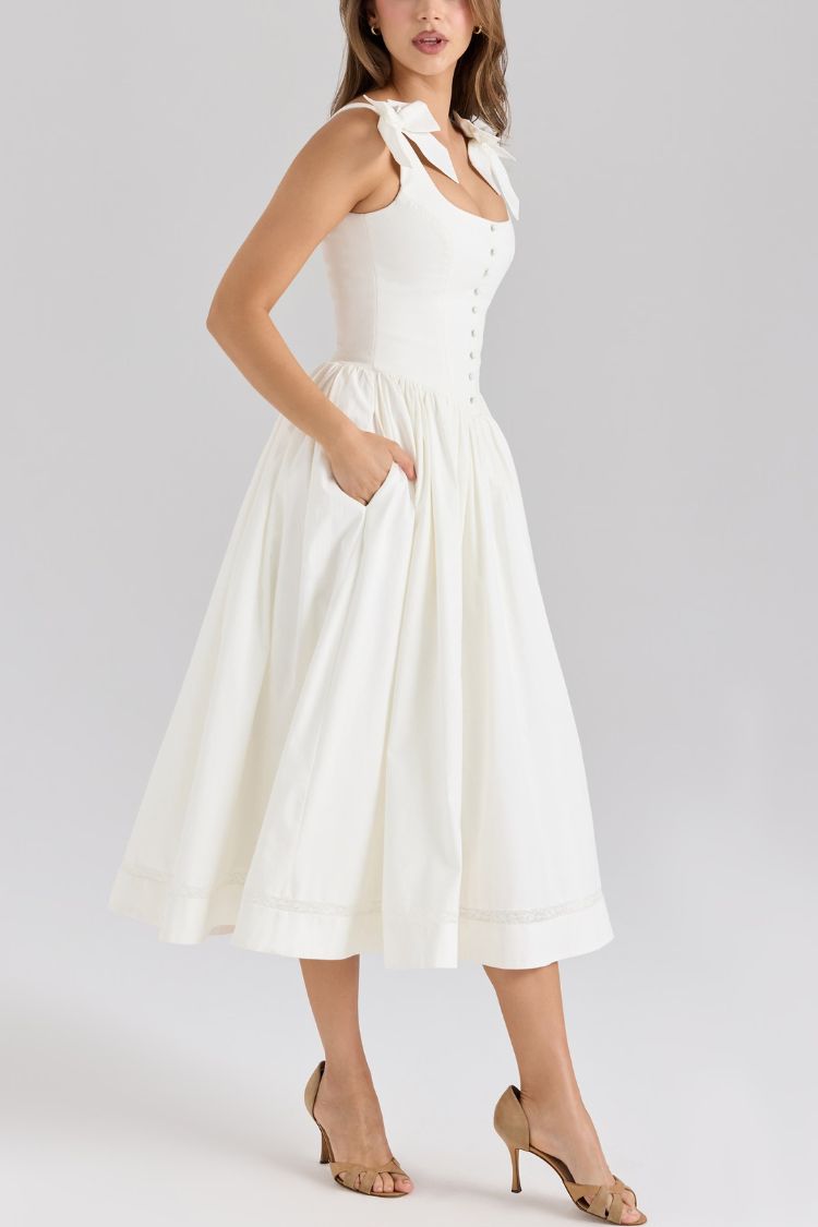 Real Darling Square Neck Cute Bows Straps Button Up Pocketed Midi Dress