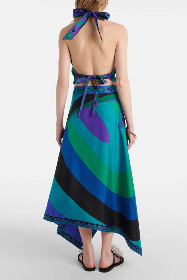 Satin Unique Print Halter Top and Irregular Midi Skirt Set