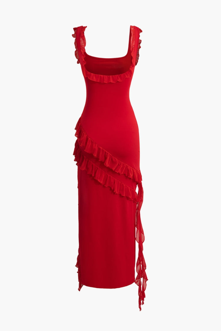 Ärmelloses Maxikleid mit Rüschenbesatz, quadratischem Ausschnitt und Schlitz 