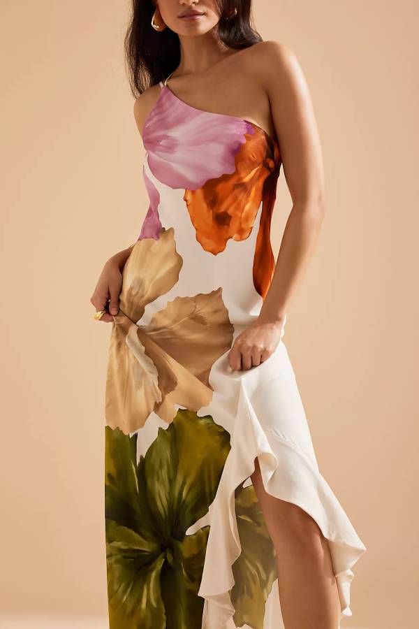 Love Filled Floral Print One Shoulder Side Ruffles Maxi Slip Dress
